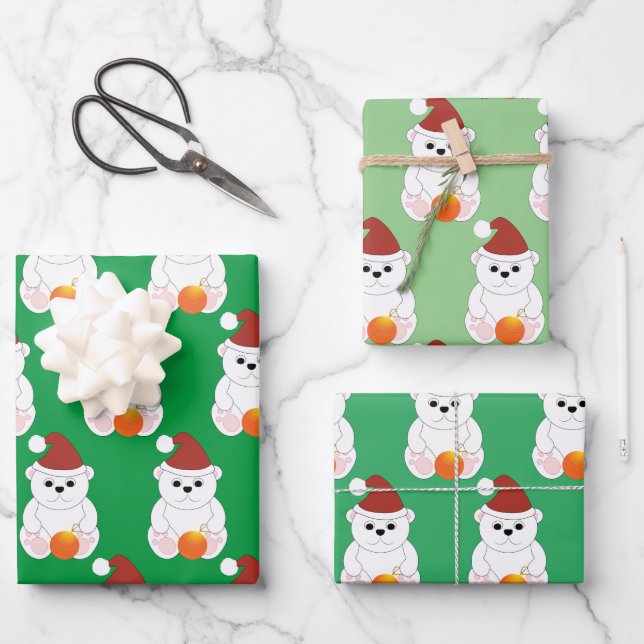 Polar bear Christmas Santa hat cute pattern green Wrapping Paper Sheet (Front)
