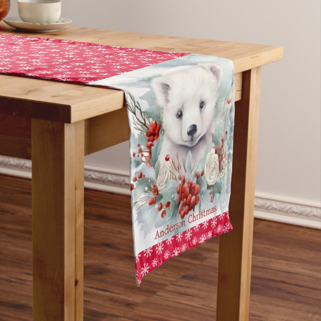 Polar Bear Cub Add Name Snow Red Medium Table Runner (In Situ)