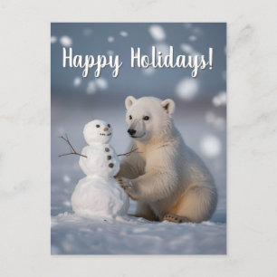 Polar Bear Cub and Snowman Holiday Design Postcard