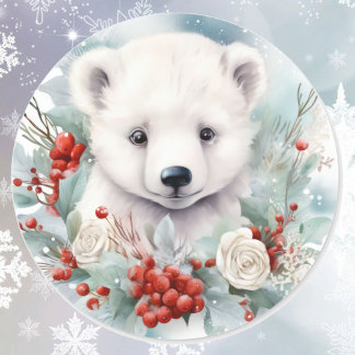 Polar Bear Cub at Christmas Cute Classic Round Sticker