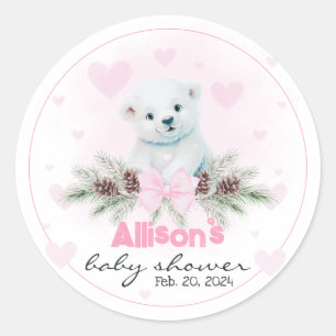 Polar Bear Cub Girl Pink Hearts Winter Baby Shower Classic Round Sticker