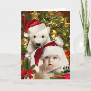 Polar Bear Cub holding YOUR photo for Christmas Holiday Card