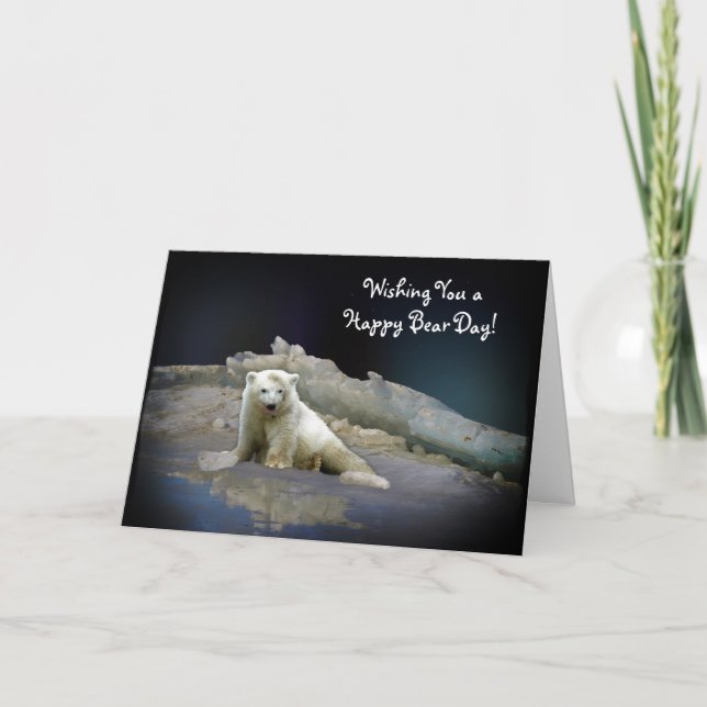Polar Bear Cub on Ice & Aurora Birthday Card (Front)
