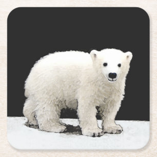 Polar Bear Cub Painting - Original Wildlife Art Square Paper Coaster