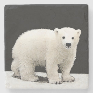 Polar Bear Cub Painting - Original Wildlife Art Stone Coaster