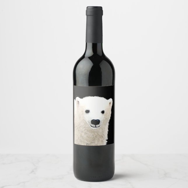 Polar Bear Cub Painting - Original Wildlife Art Wine Label (Front)