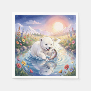 Polar Bear Cub Playing with a Fish Napkin