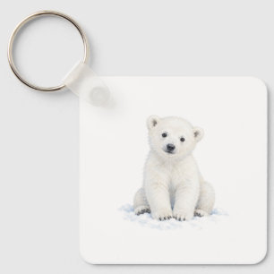 Polar Bear Cub Sitting in Snow Key Ring