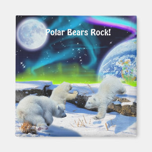 Polar Bear Cubs & Aurora Wildlife Art Magnet