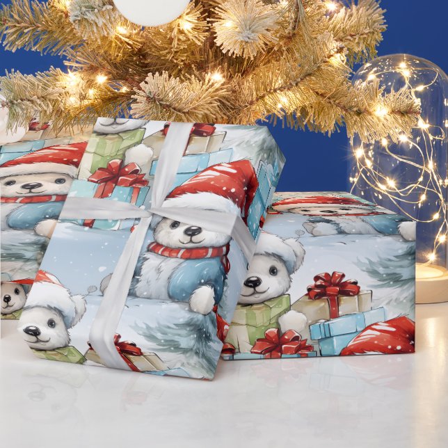 Polar bear cubs celebrate Christmas gifts Wrapping Paper (Holidays)