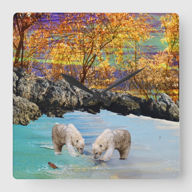 Polar Bear Cubs Fishing, Square Wall Clock (Front)