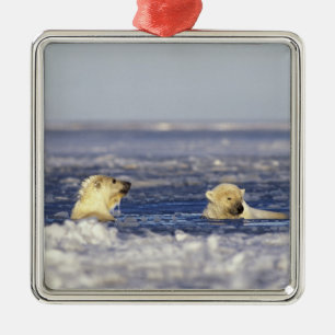 Polar bear cubs playing metal tree decoration