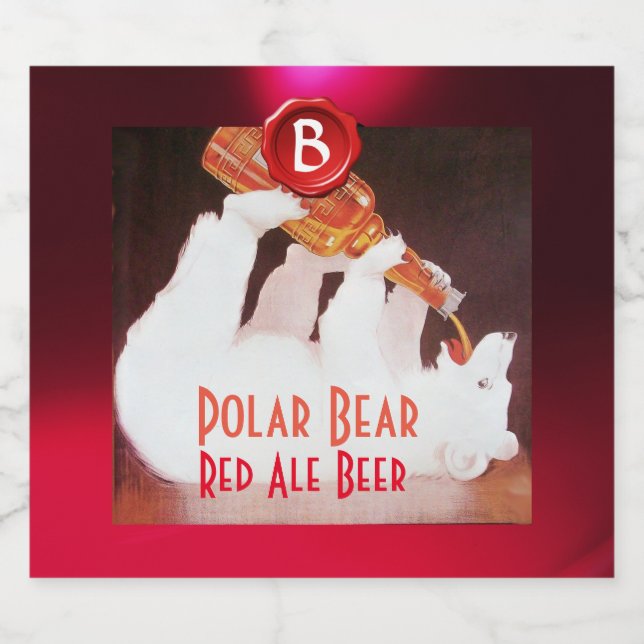 POLAR BEAR DRINKING BEER Red Wax Seal Monogram Beer Bottle Label (Single Label)