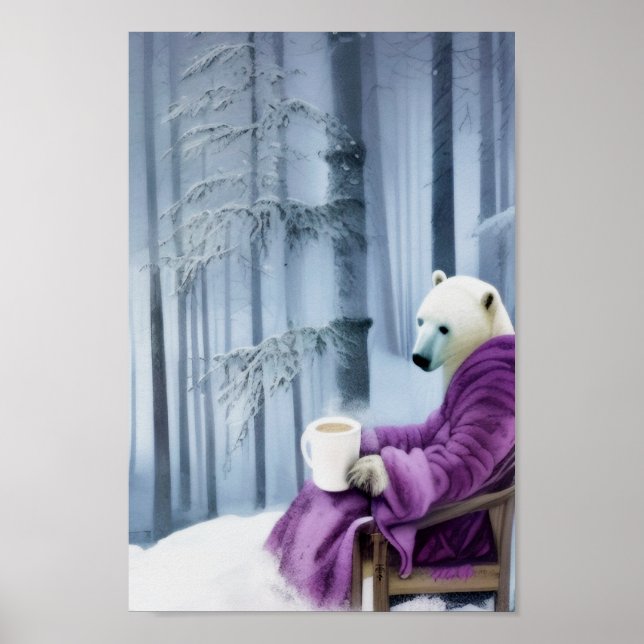 Polar Bear Drinking Coffee Poster (Front)
