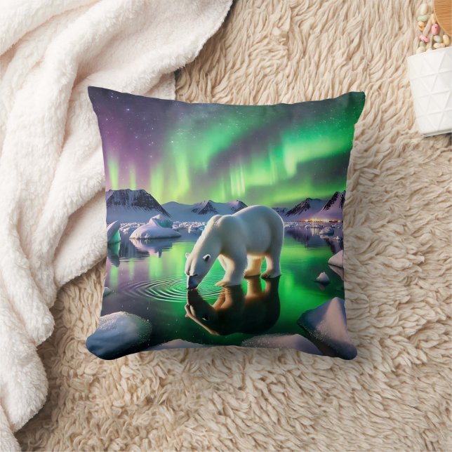 Polar Bear Drinking Water Under Aurora Borealis Cushion (Blanket)