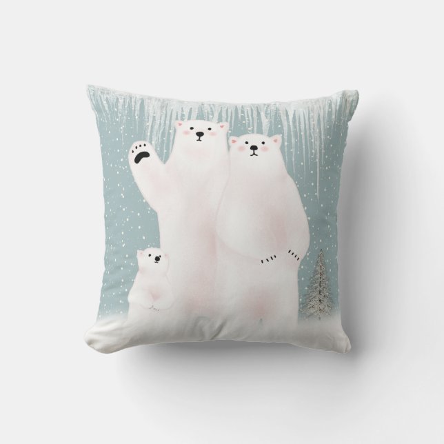 Polar Bear Family In Snowflakes Throw Pillow (Front)