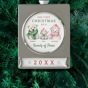 Polar Bear Family of Three First Christmas Silver Plated Banner Ornament