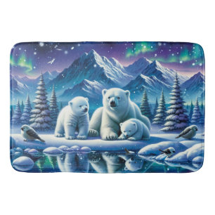 Polar Bear Family Snowy Scene Painting Bath Mat