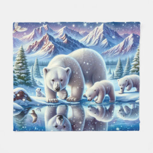 Polar Bear Family Snowy Scene Painting Fleece Blanket