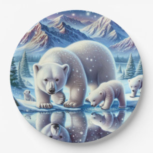 Polar Bear Family Snowy Scene Painting Paper Plate