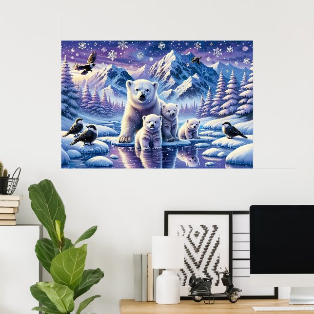 Polar Bear Family Snowy Scene Painting Poster (Home Office)