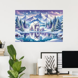 Polar Bear Family Snowy Scene Painting Poster