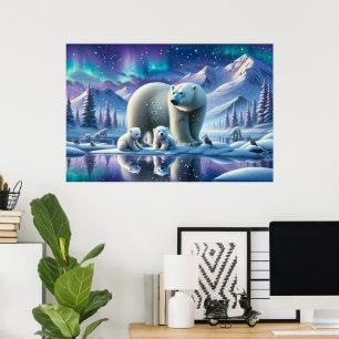 Polar Bear Family Snowy Scene Painting Poster