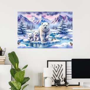 Polar Bear Family Snowy Scene Painting Poster