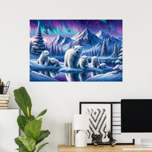 Polar Bear Family Snowy Scene Painting Poster