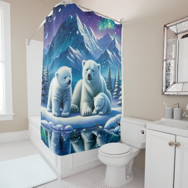 Polar Bear Family Snowy Scene Painting Shower Curtain (In Situ)