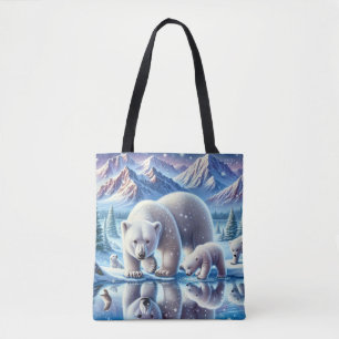 Polar Bear Family Snowy Scene Painting Tote Bag