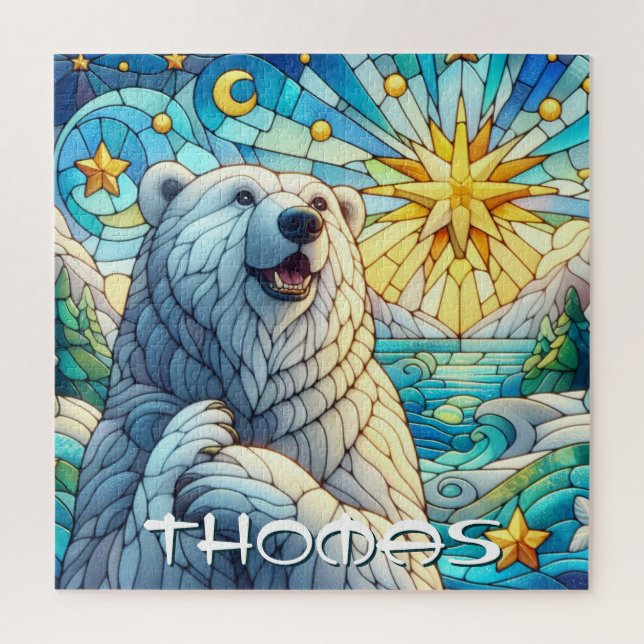 Polar Bear Faux Stained Glass Personalised Jigsaw Puzzle (Vertical)