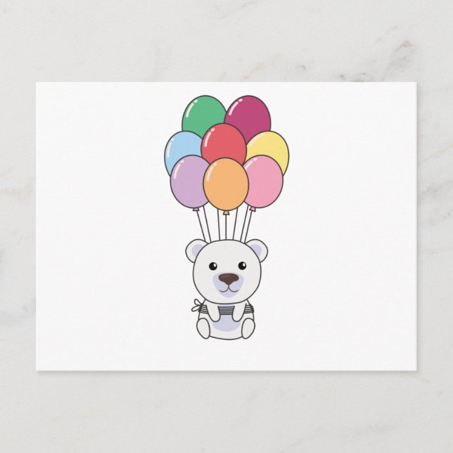 Polar Bear Flies Up With Colourful Balloons Postcard (Front)