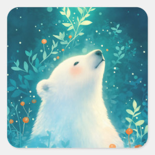 Polar Bear Gazing Up in Sunlit Botanical Meadow Square Sticker