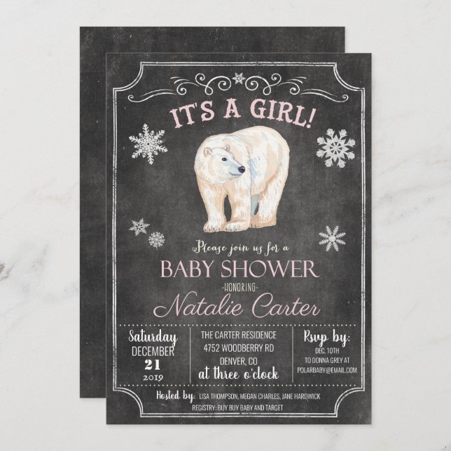 Polar Bear Girl Baby Shower Invitation (Front/Back)
