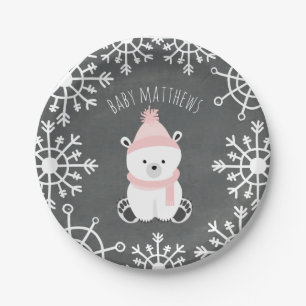Polar Bear Girl Winter Baby Shower Paper Plate