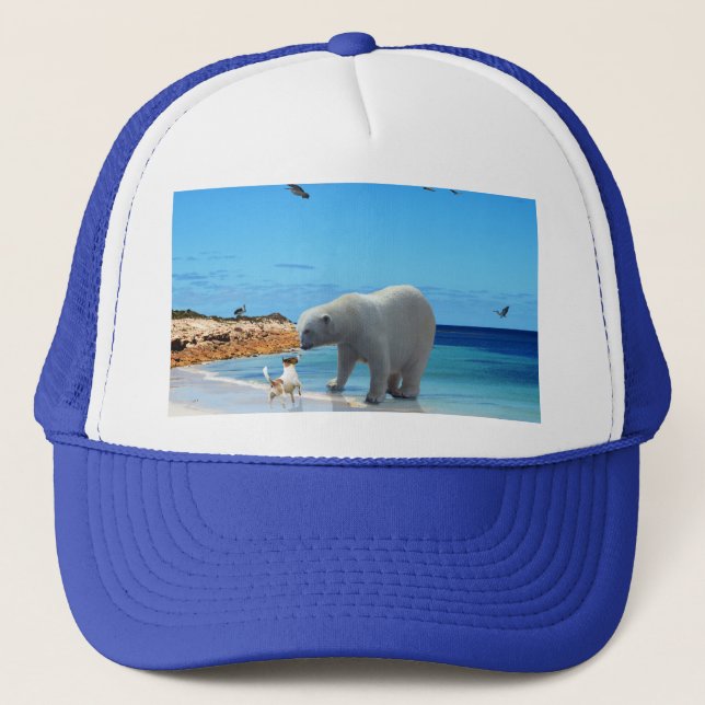 Polar Bear Greeting A Dog, Trucker Hat (Front)