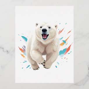 Polar Bear Happy Playful Fun Jumping Air Joyful Foil Holiday Postcard