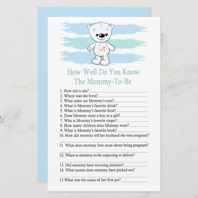 Polar bear How well do you know baby shower game (Front/Back)