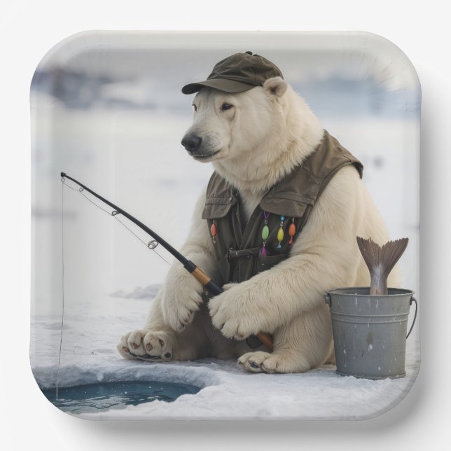 Polar Bear Ice Fishing Paper Plate (Front)