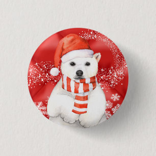 polar bear in a santa cap - snowflakes w white 3 cm round badge