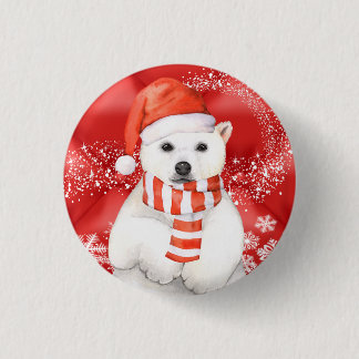 polar bear in a santa cap - snowflakes w white 3 cm round badge