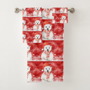 polar bear in a santa cap - snowflakes w white bath towel set