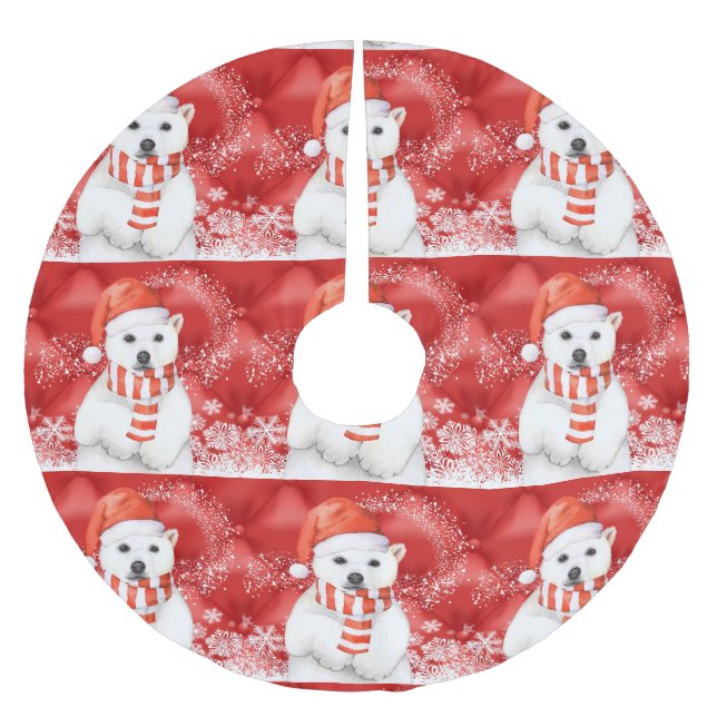 polar bear in a santa cap - snowflakes w white brushed polyester tree skirt (Front)