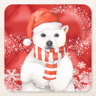 polar bear in a santa cap - snowflakes w white square paper coaster