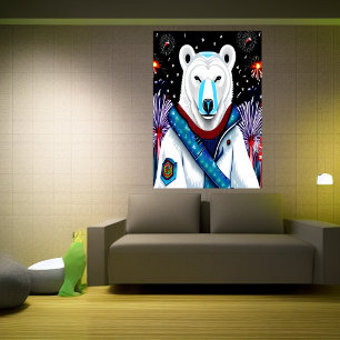 Polar bear in a uniform and firework   AI Art  Poster