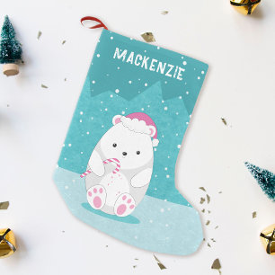 Polar Bear in Pink Santa hat Cute Cartoon Blue Small Christmas Stocking