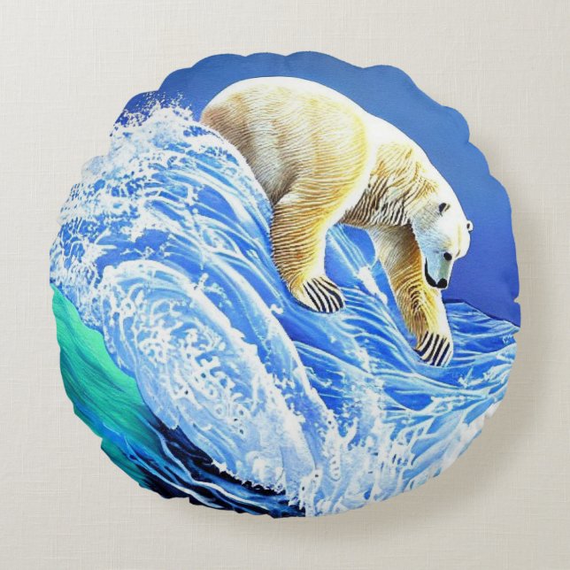  Polar bear in the sea. Round Cushion (Front)