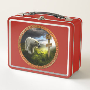 polar bear looking at the north pole wooden sign metal lunch box