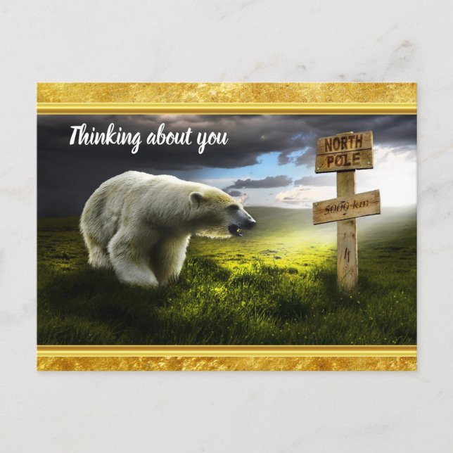 Polar bear looking at the north pole wooden sign postcard (Front)